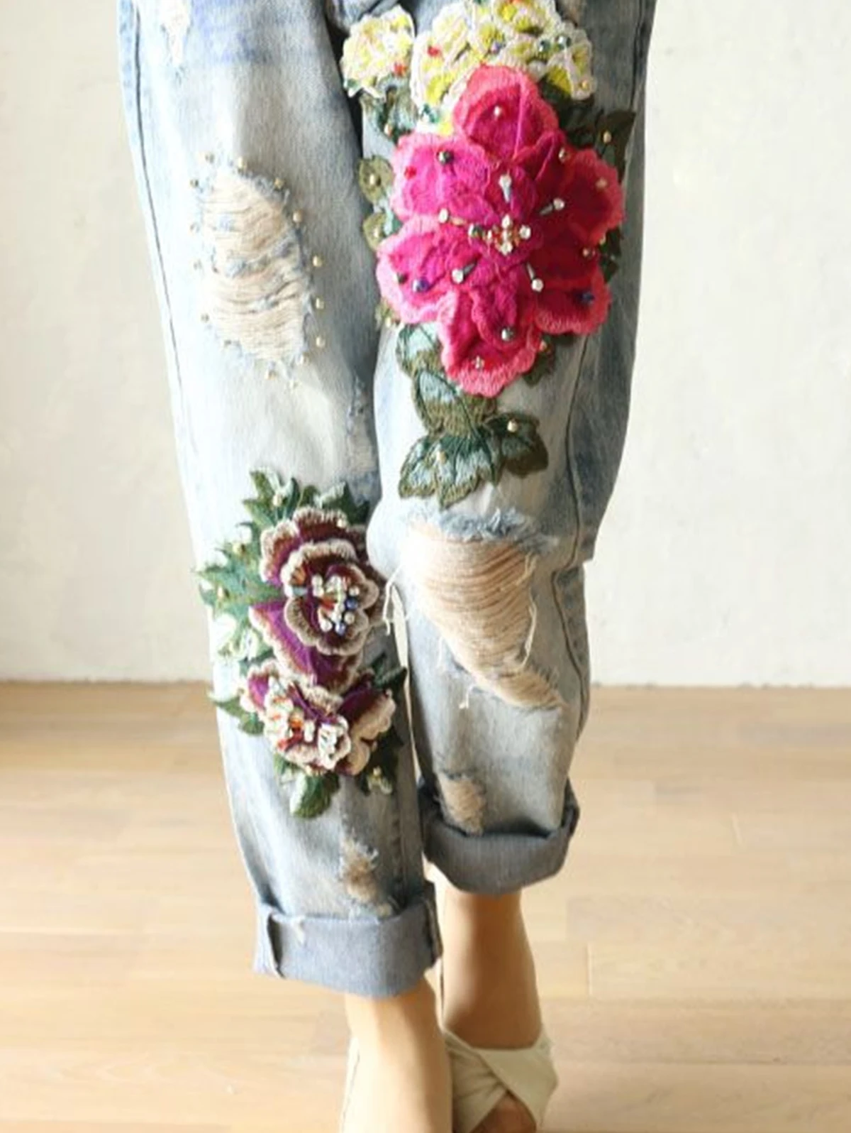 Embroidery Effect - Calças Jeans Femininas Elegantes com Bordado