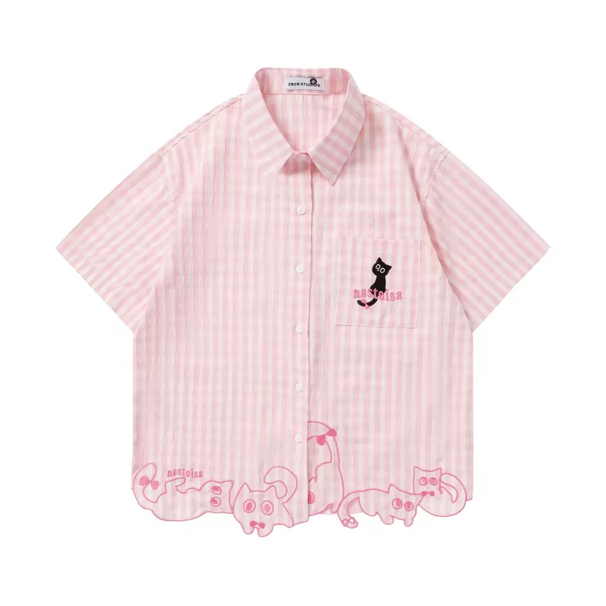 Embroidery Cat - Camisa Rosa Listrada com Botões e