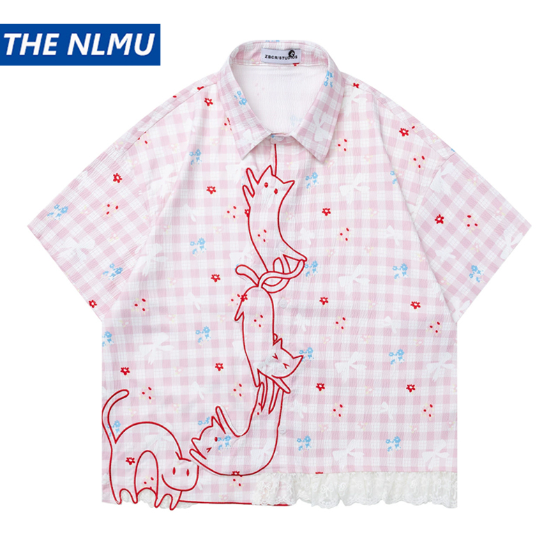Embroidery Cat - Camisa Casual Xadrez de Verão 2026