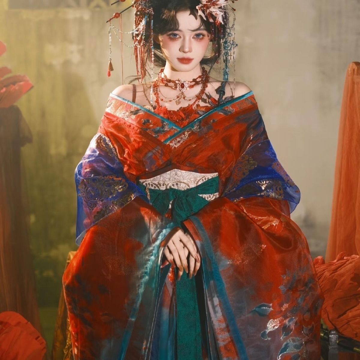 Embroidery Uniforms - Vestido Feminino Hanfu Preto e Azul