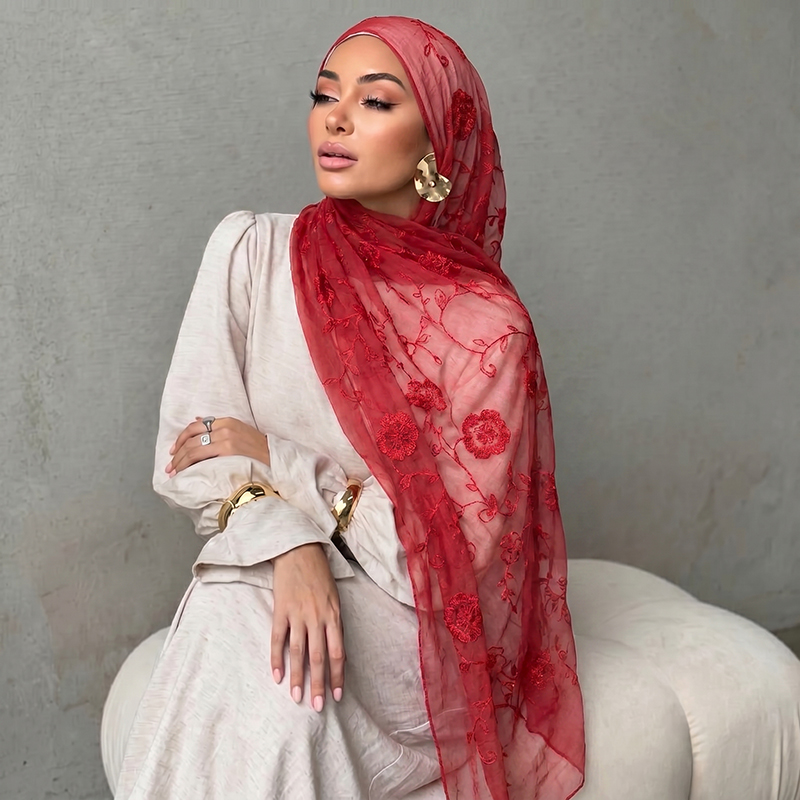 Embroidery Hijab - Lenço Hijab Muçulmano com Bordado Floral,