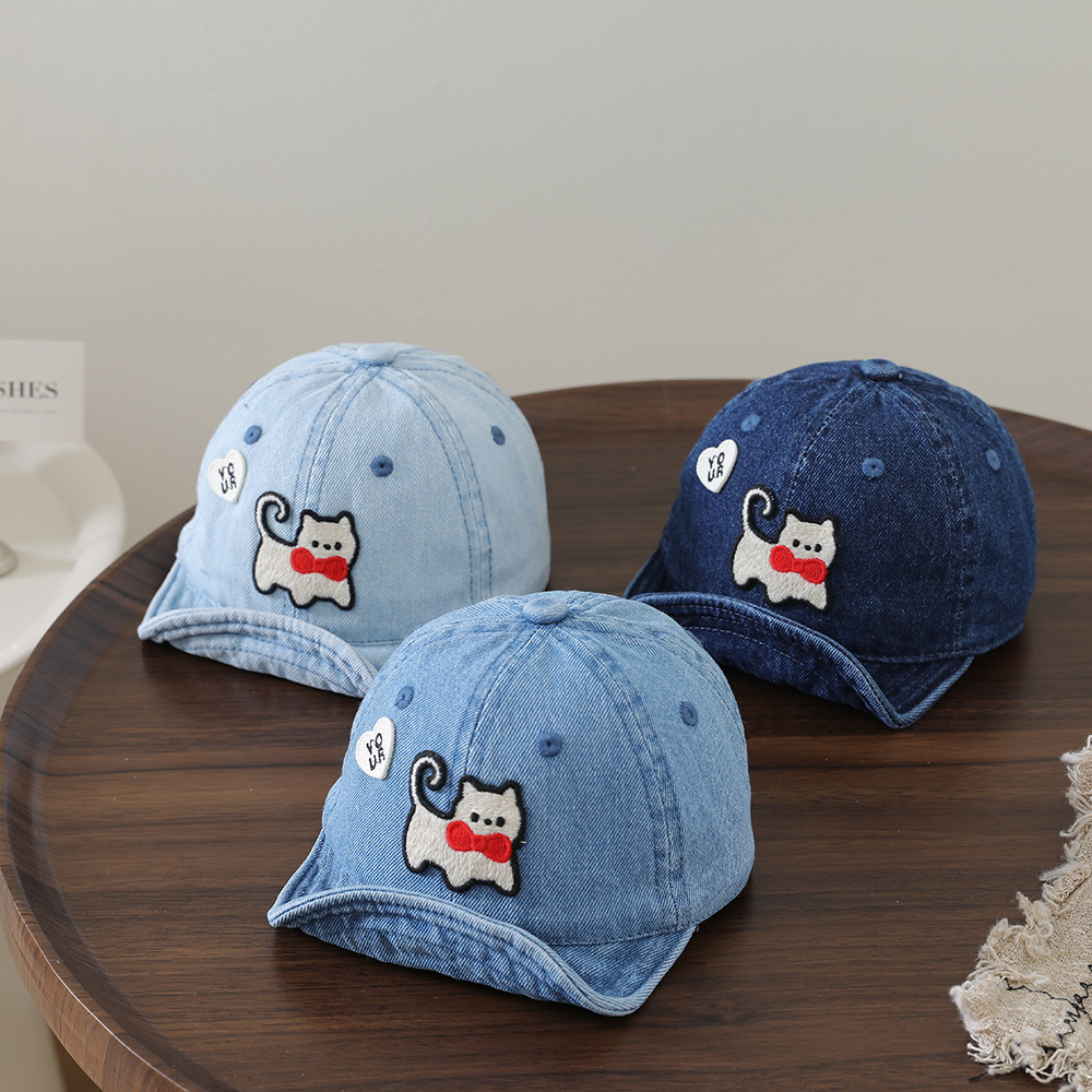 Embroidery Cat - Boné infantil lavável de denim com