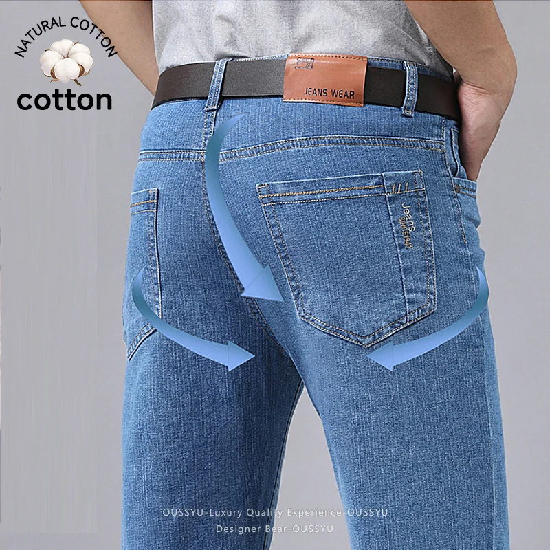 Embroidery Effect - Calças Jeans Masculinas Finas de Verão,