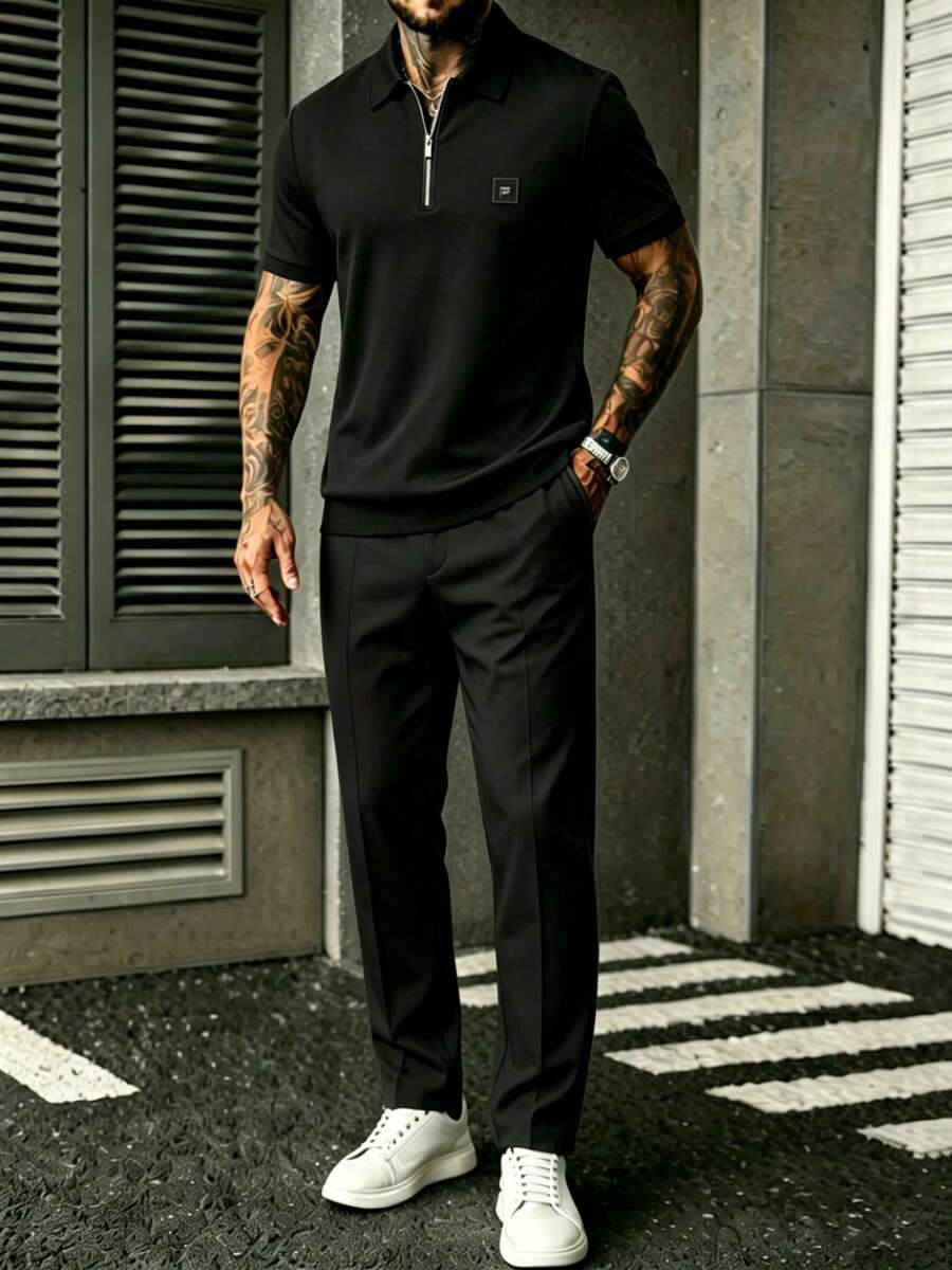 Embroidery Knit - Conjunto masculino de camisa preta com
