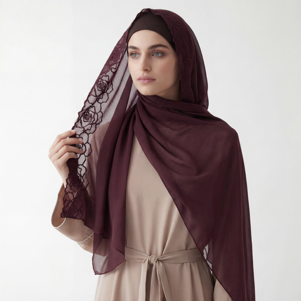 Embroidery Hijab - Lenços Hijab de Chiffon Roxo para