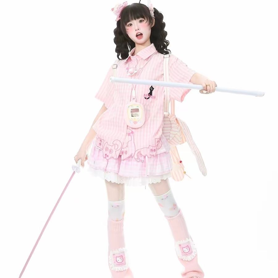 Camisa Rosa Listrada com Botõe - Embroidery Cat avaliação e preço