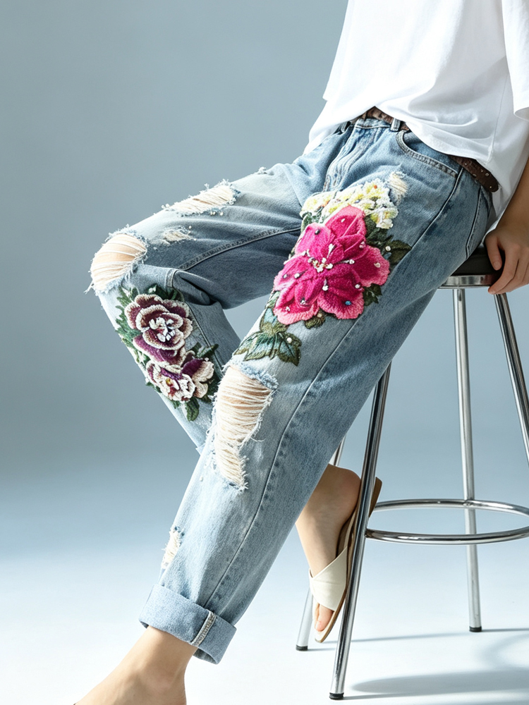 Calças Jeans Vintage Femininas - Embroidery Effect avaliação e preço