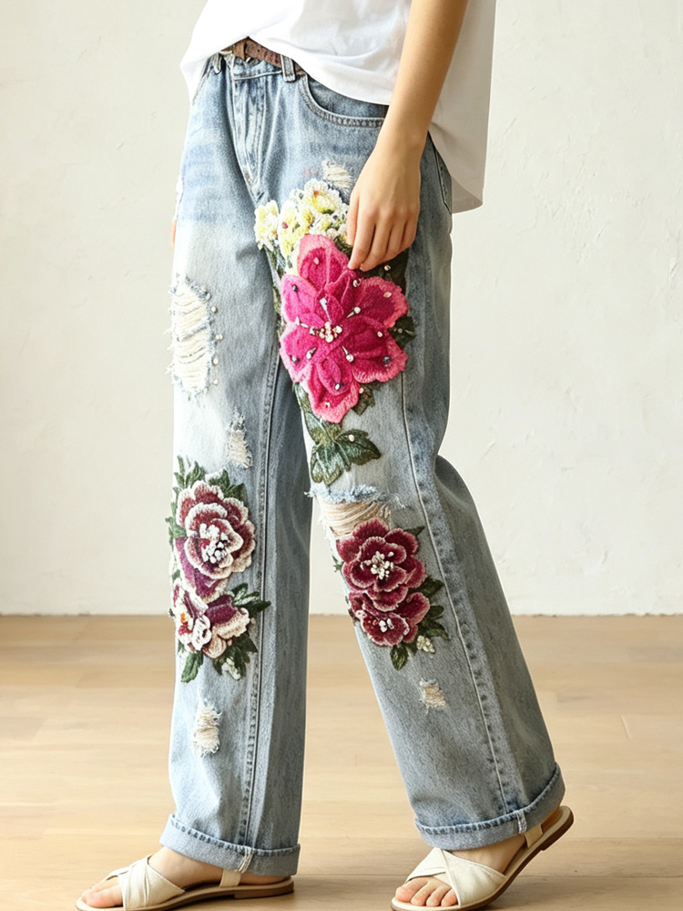 Calças Jeans Vintage Femininas - Embroidery Effect avaliação e preço