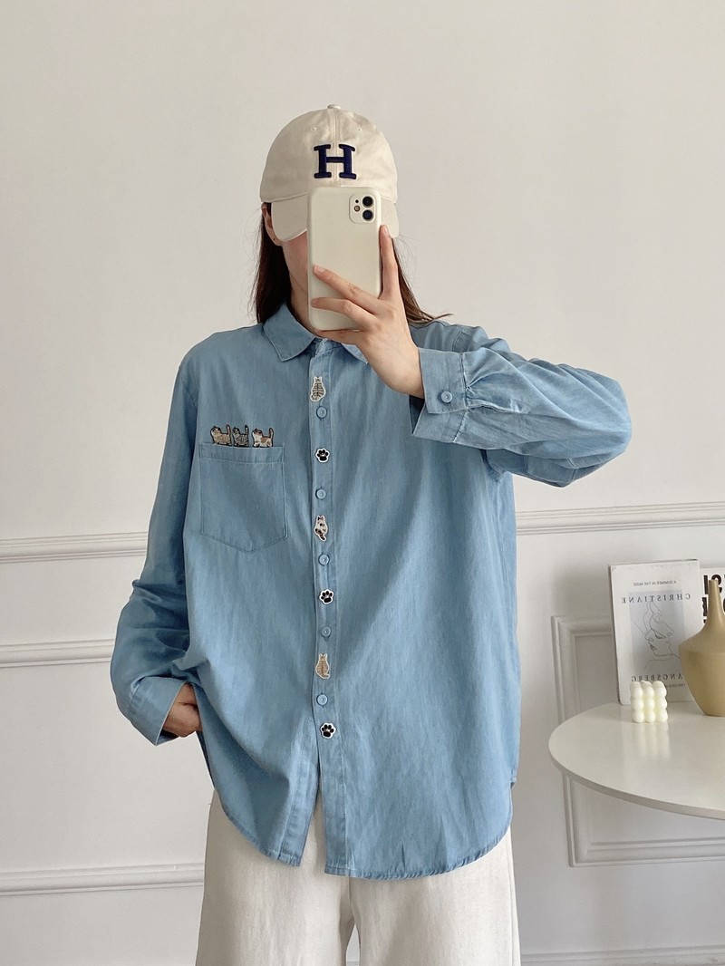 Nova Camisa Jeans Feminina de  - Embroidery Cat avaliação e preço