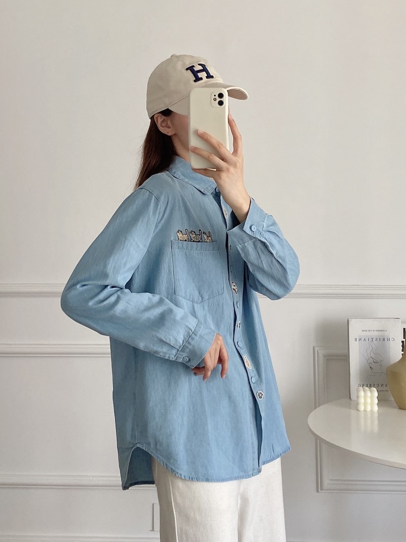 Nova Camisa Jeans Feminina de  - Embroidery Cat avaliação e preço